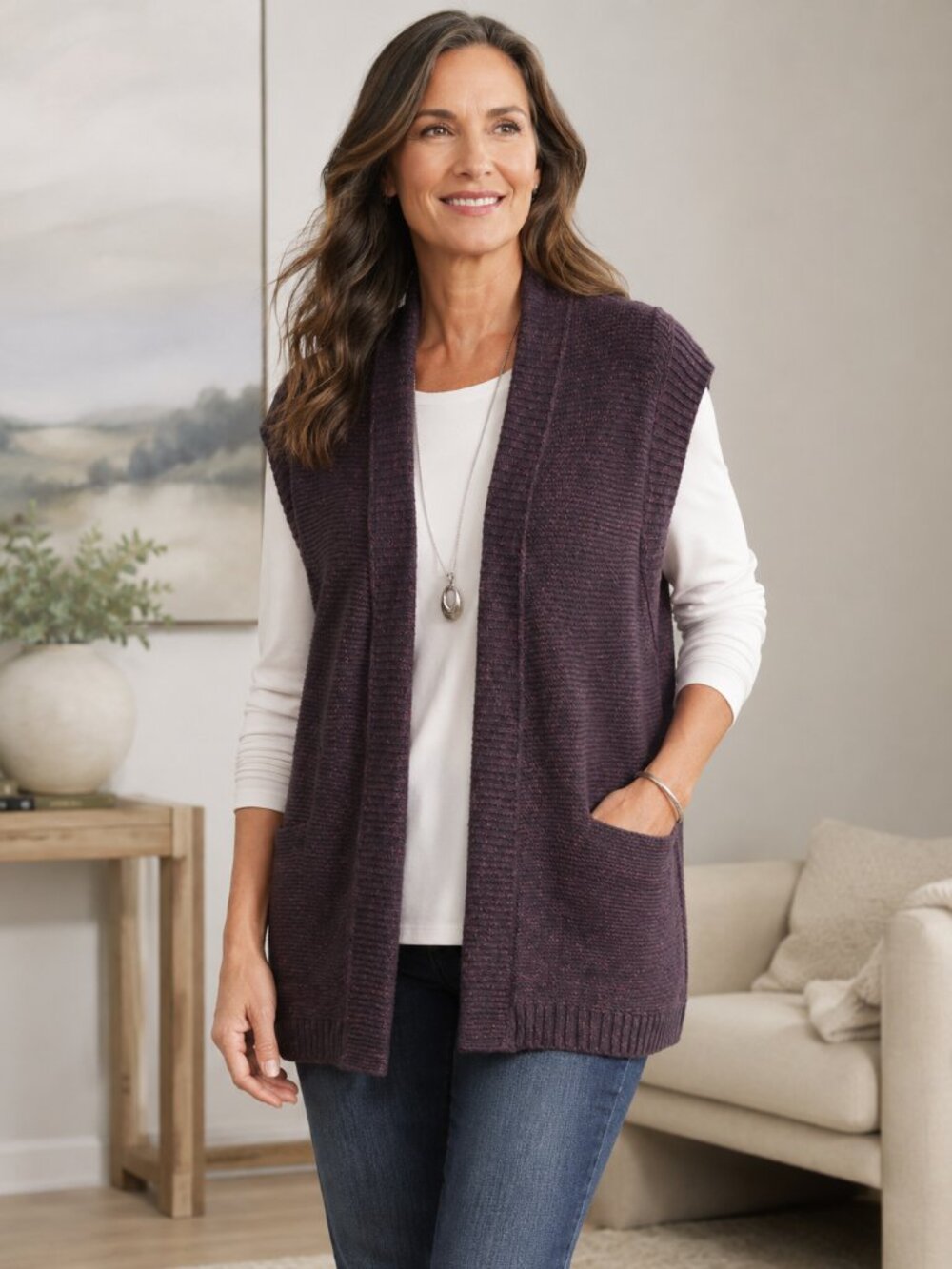 J. Jill Wearever Collection SZ XLT Cotton Blend Open Cardigan Vest Eggplant